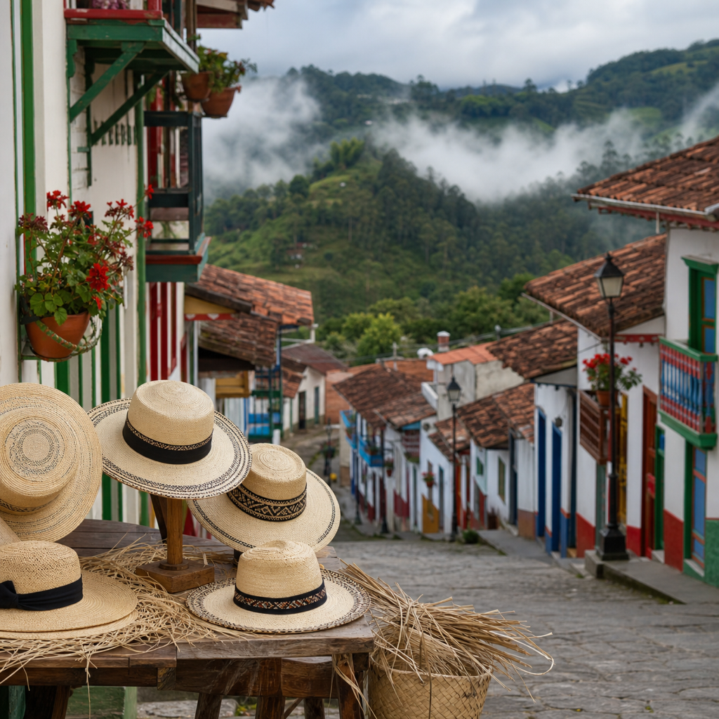 Handmade Aguadeño hats displayed on a wooden table in a misty Andean street in Aguadas, Caldas, with colorful balconies and green mountains.