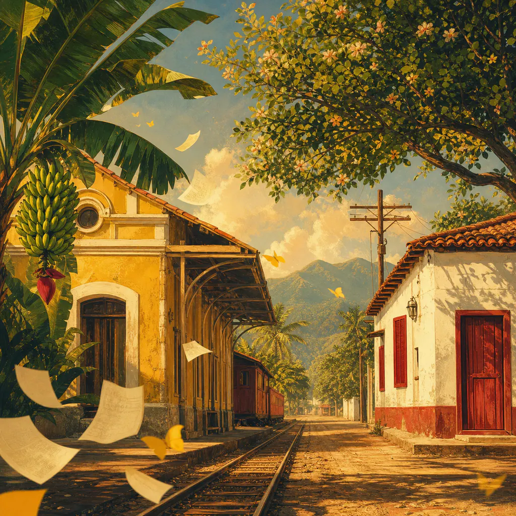 A square tropical travel illustration of Aracataca with a yellow railway station, banana leaves, a white Caribbean house, literary papers, and warm Magdalena light.