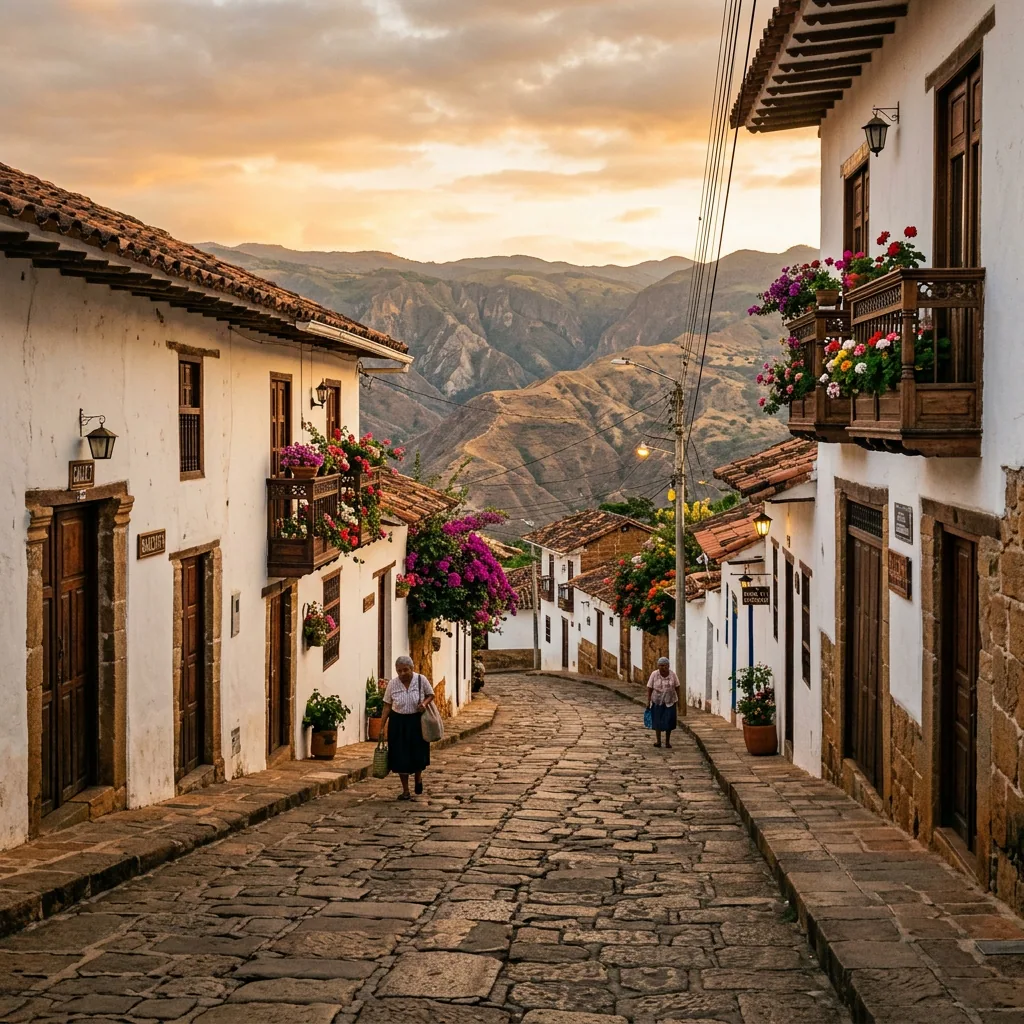 A scenic view of a colonial street in Colombia with white-washed walls, terracotta roofs, and blooming bougainvillea.