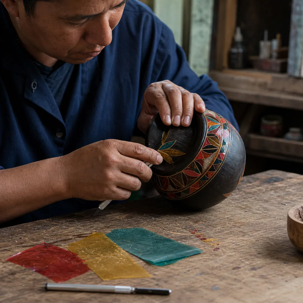 A Pasto artisan applying thin pieces of colored mopa-mopa resin to a dark wooden bowl in a naturally lit workshop.