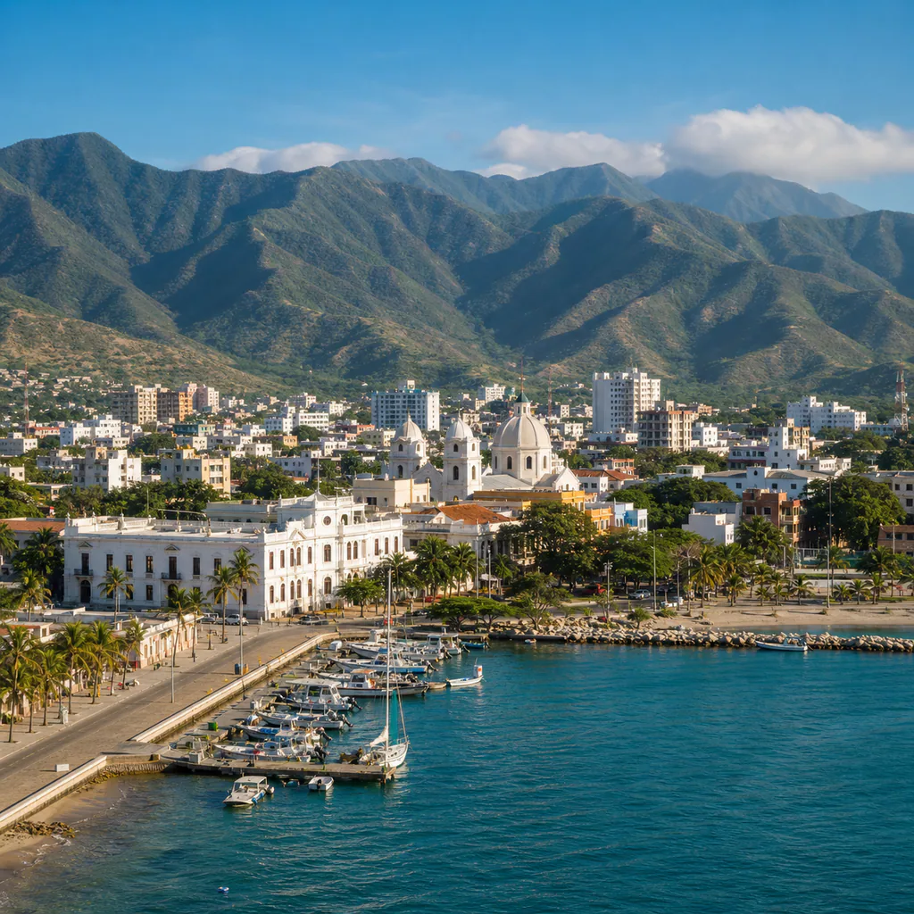 Elevated view of Santa Marta's Caribbean waterfront, marina, city buildings, and green Sierra Nevada foothills.