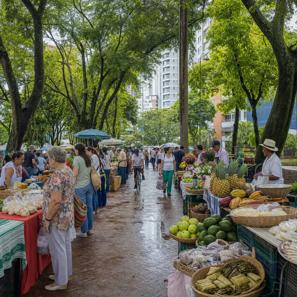 A Sunday farmers' market beneath mature trees in Bucaramanga, with local produce, pedestrians, and modern city buildings beyond the park.