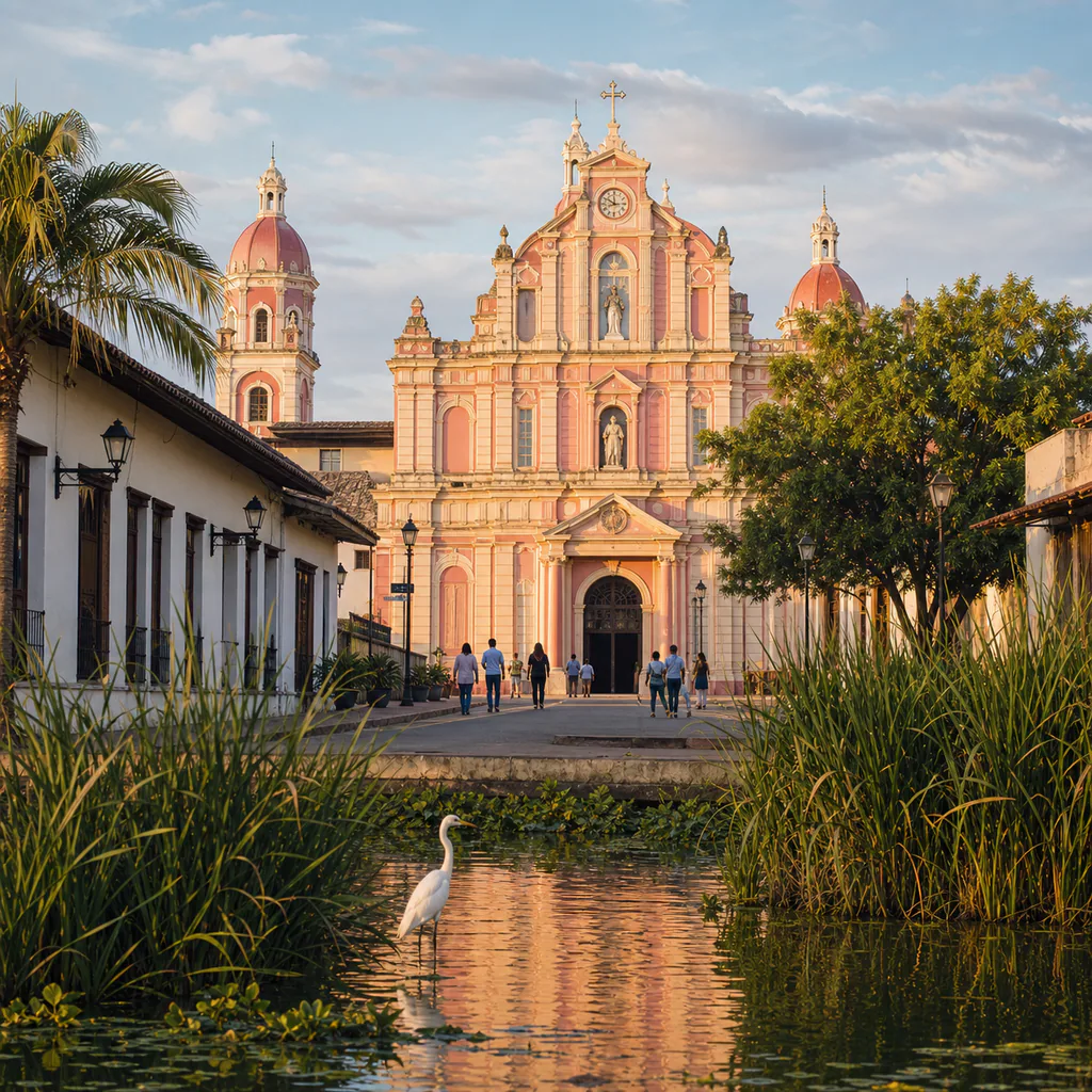The pink Basilica of the Lord of Miracles in Buga, Valle del Cauca, seen beyond wetland reeds and a white heron at golden hour.