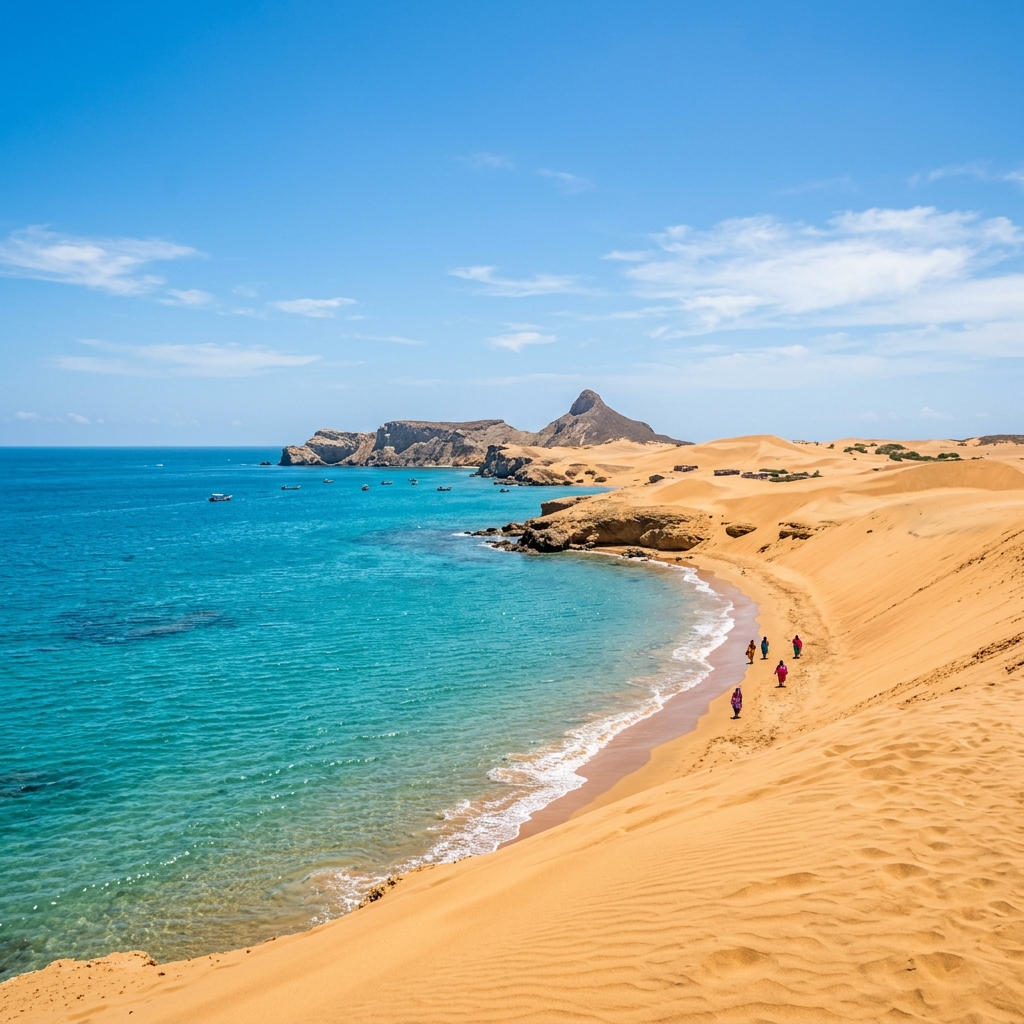 A panoramic view of the golden desert landscapes at Cabo de la Vela converging with the deep blue Caribbean Sea under a clear sky.
