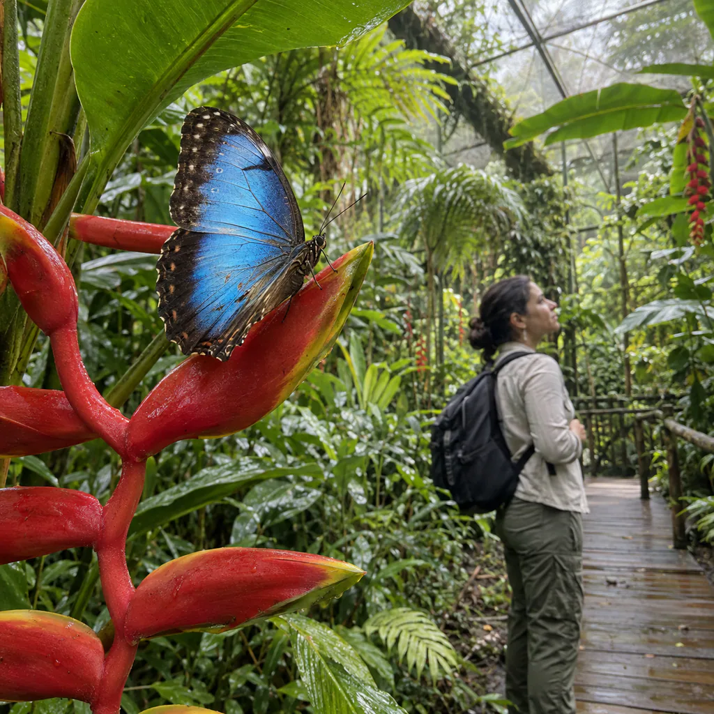 A blue morpho butterfly resting on a red heliconia beside a visitor in the Quindío Botanical Garden in Calarcá.