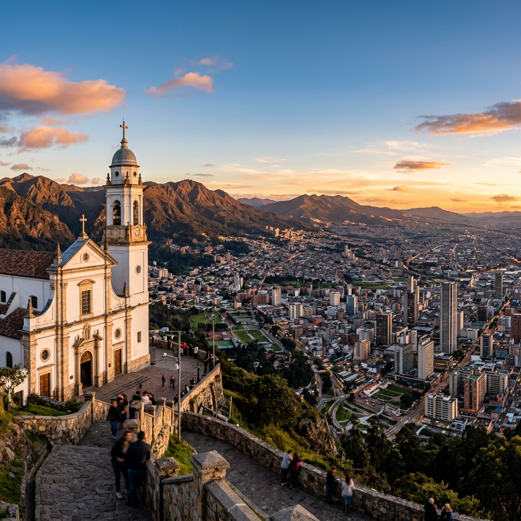 A stunning panoramic view of Bogotá stretching out beneath the white sanctuary of the Monserrate church.