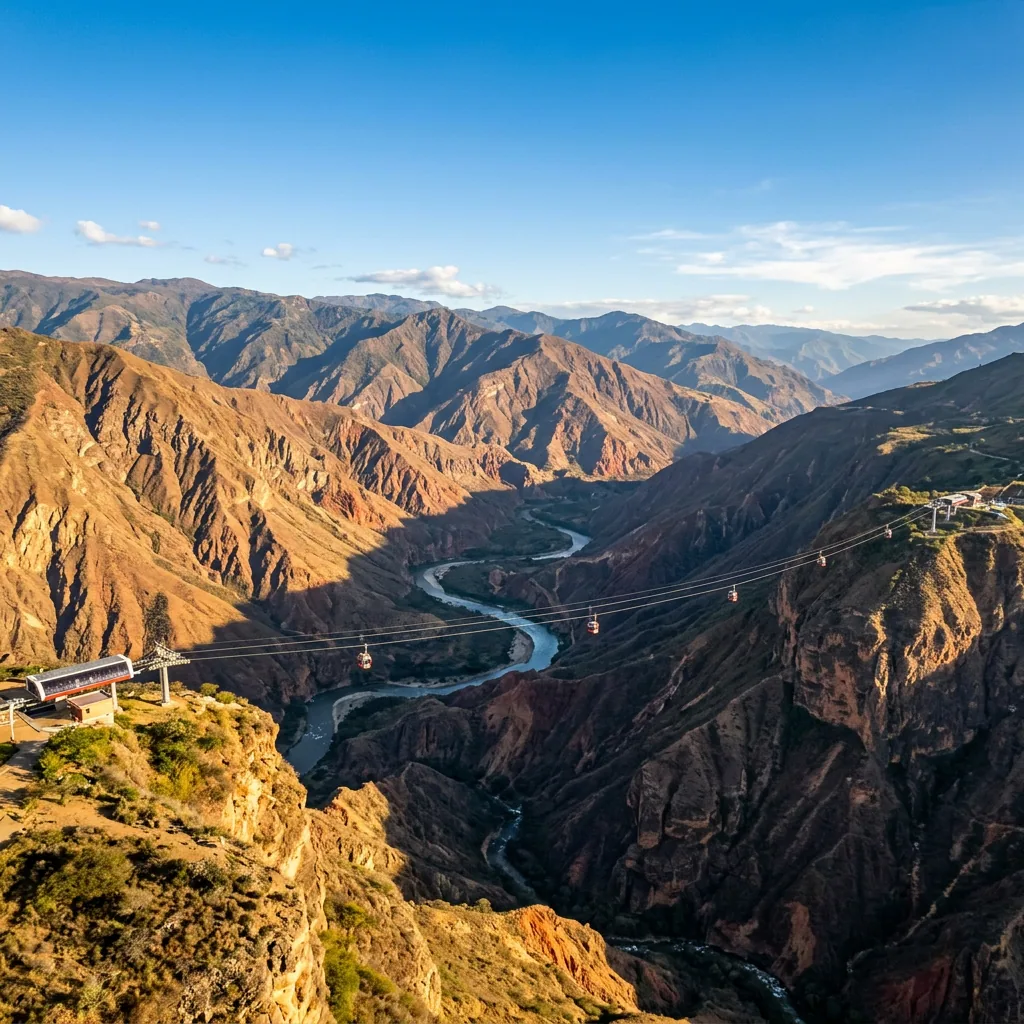The vast, rugged expanse of Chicamocha Canyon in Santander, Colombia, with the Chicamocha River winding through the base of the deep, textured valley under a clear blue sky.