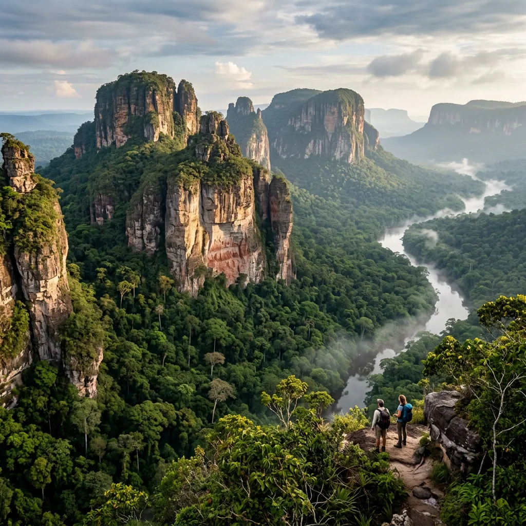 The dramatic tepuis (table-top mountains) of Chiribiquete National Park, rising out of the dense green Amazonian jungle, with ancient red rock art visible on the vertical stone walls.