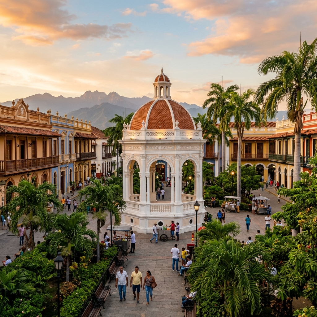 A view of the historic Republican-style architecture and the town square of Ciénaga, Magdalena.