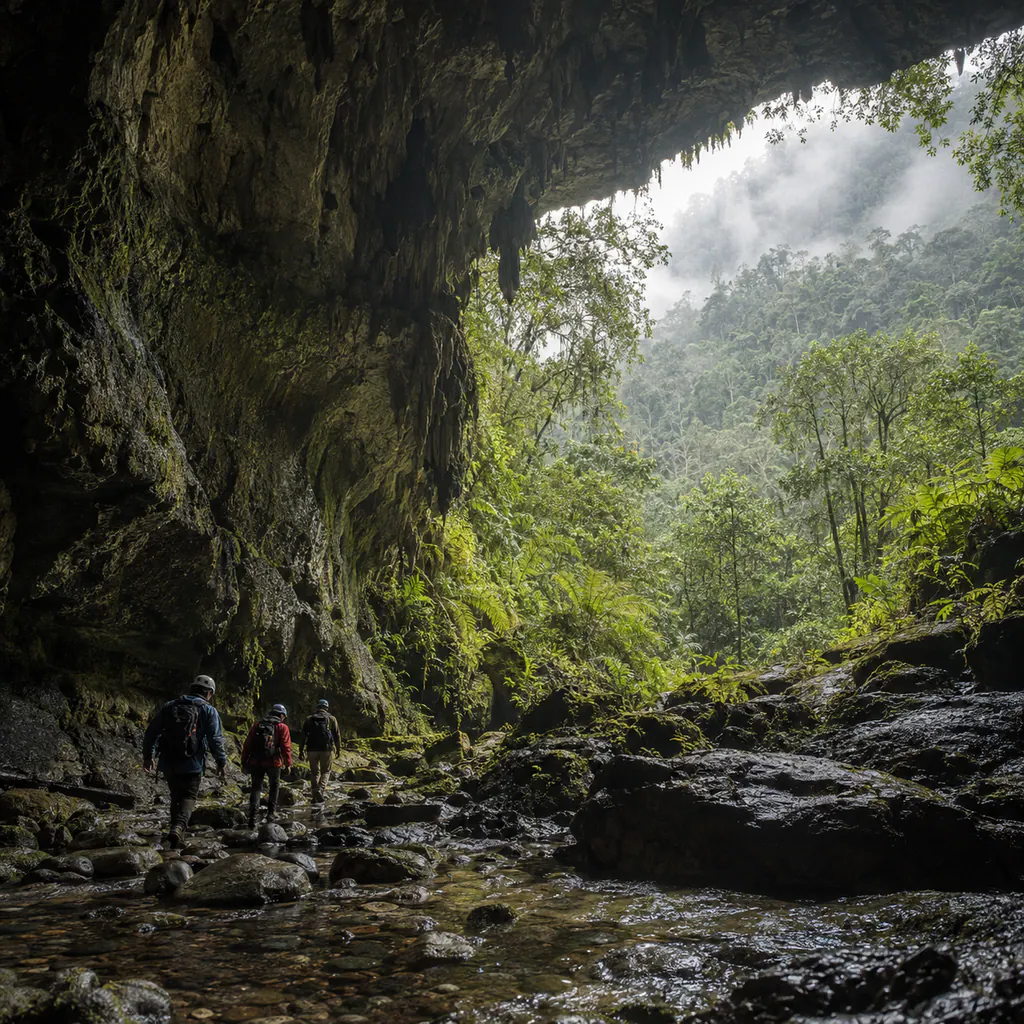 A local guide and two travelers cross a shallow cave stream toward the cloud forest in Cueva de los Guácharos National Natural Park.