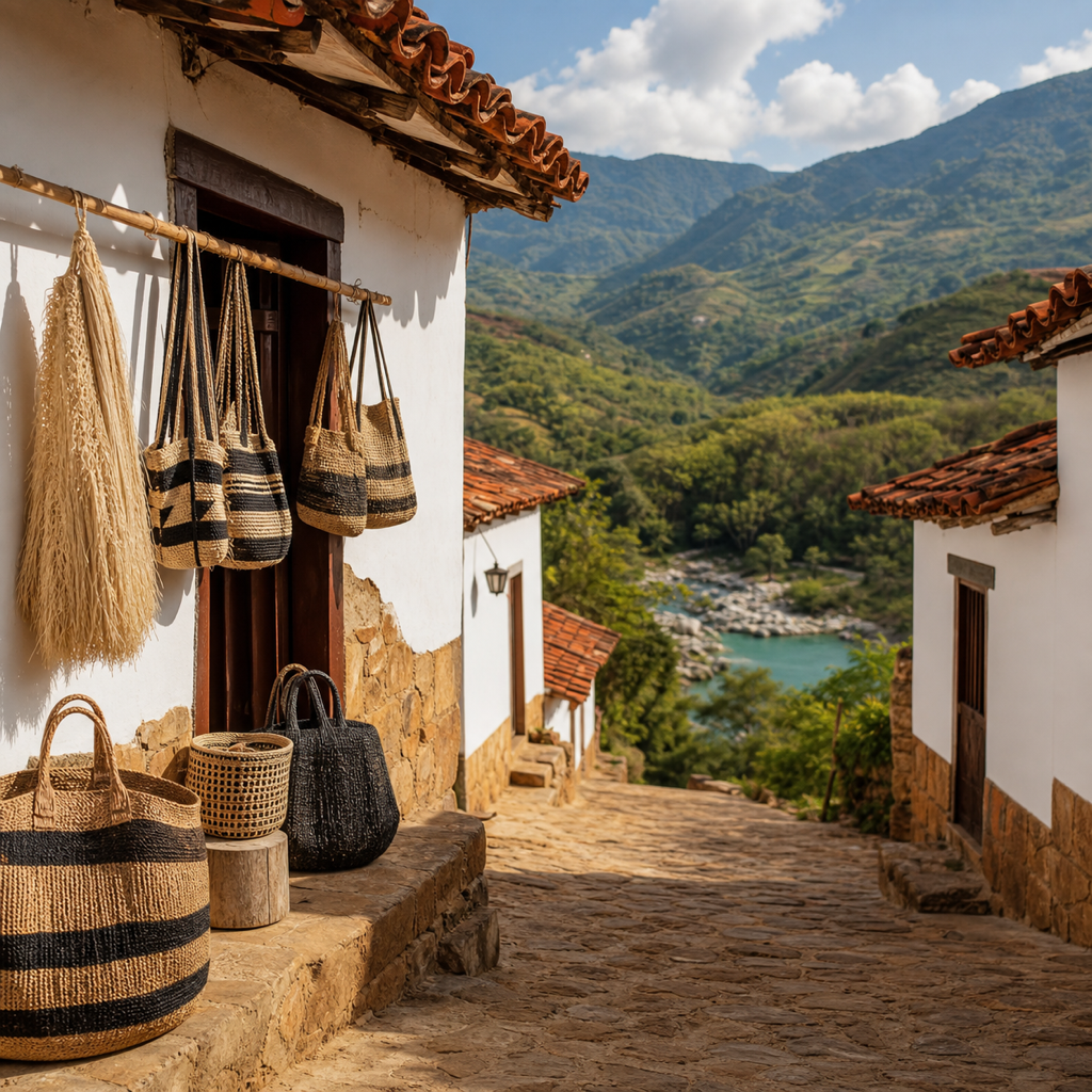 A colonial stone street in Curití, Santander, with handmade fique bags, whitewashed houses, red-tile roofs, mountain scenery, and clear natural pools in the distance.