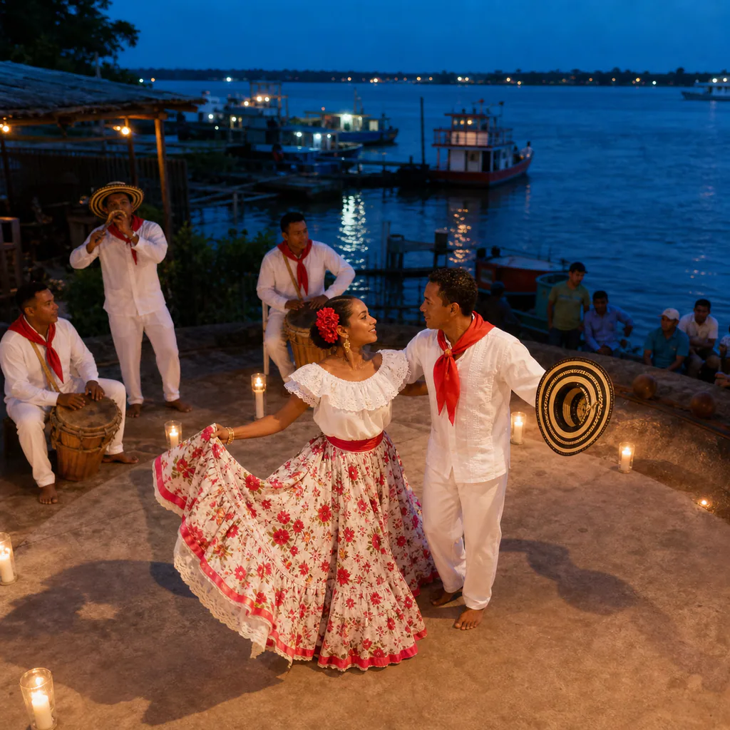 Cumbia dancers and traditional musicians performing beside the river at dusk in El Banco, Magdalena.