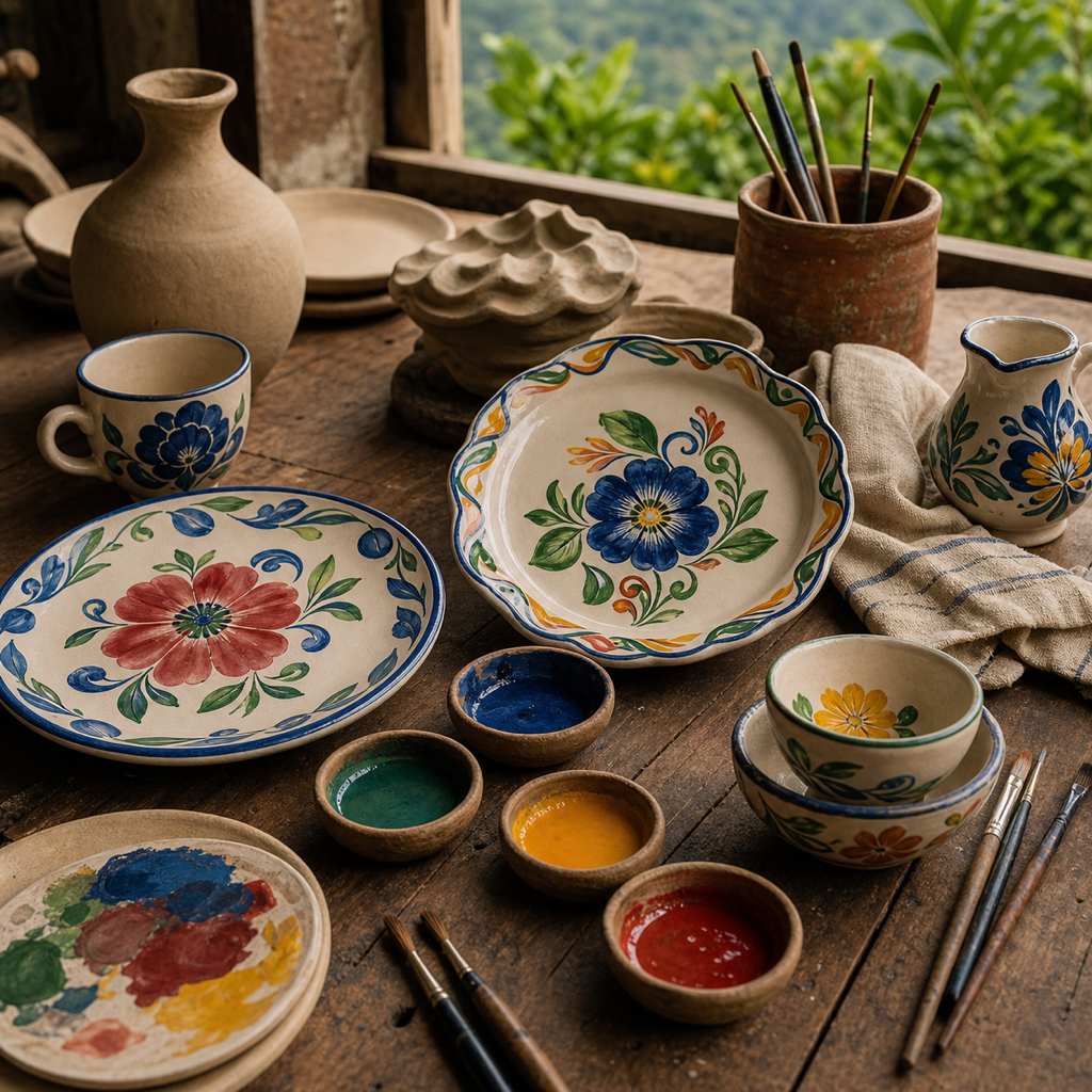 Hand-painted ceramic plates, cups, pigment bowls, and brushes arranged on a wooden artisan workshop table in El Carmen de Viboral, Antioquia.