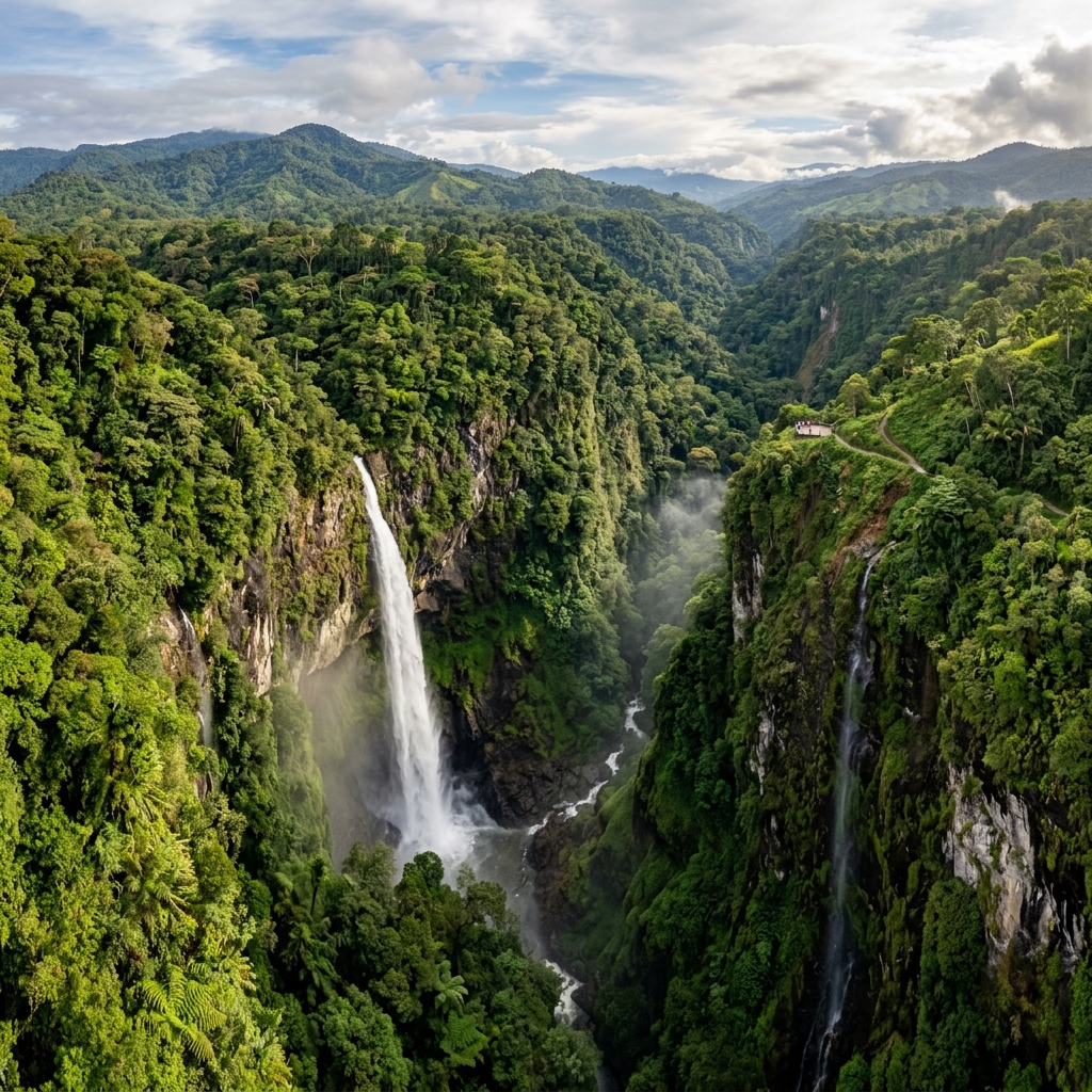 A panoramic view of the towering El Fin del Mundo waterfall dropping into a deep canyon in the Mocoa jungle.