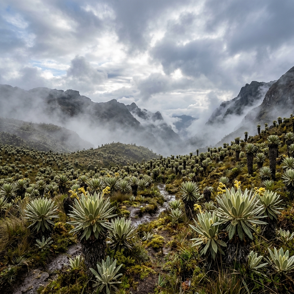 The mystical, fog-covered landscape of Sumapaz featuring giant frailejones plants under a vast cloudy sky.