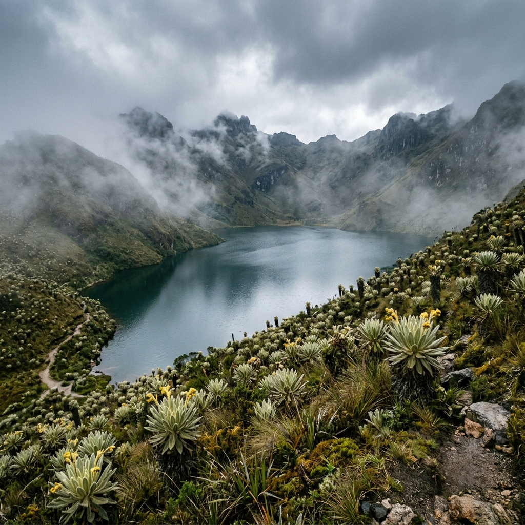 A misty, pristine high-altitude lake surrounded by paramo vegetation in the Iguaque Sanctuary.