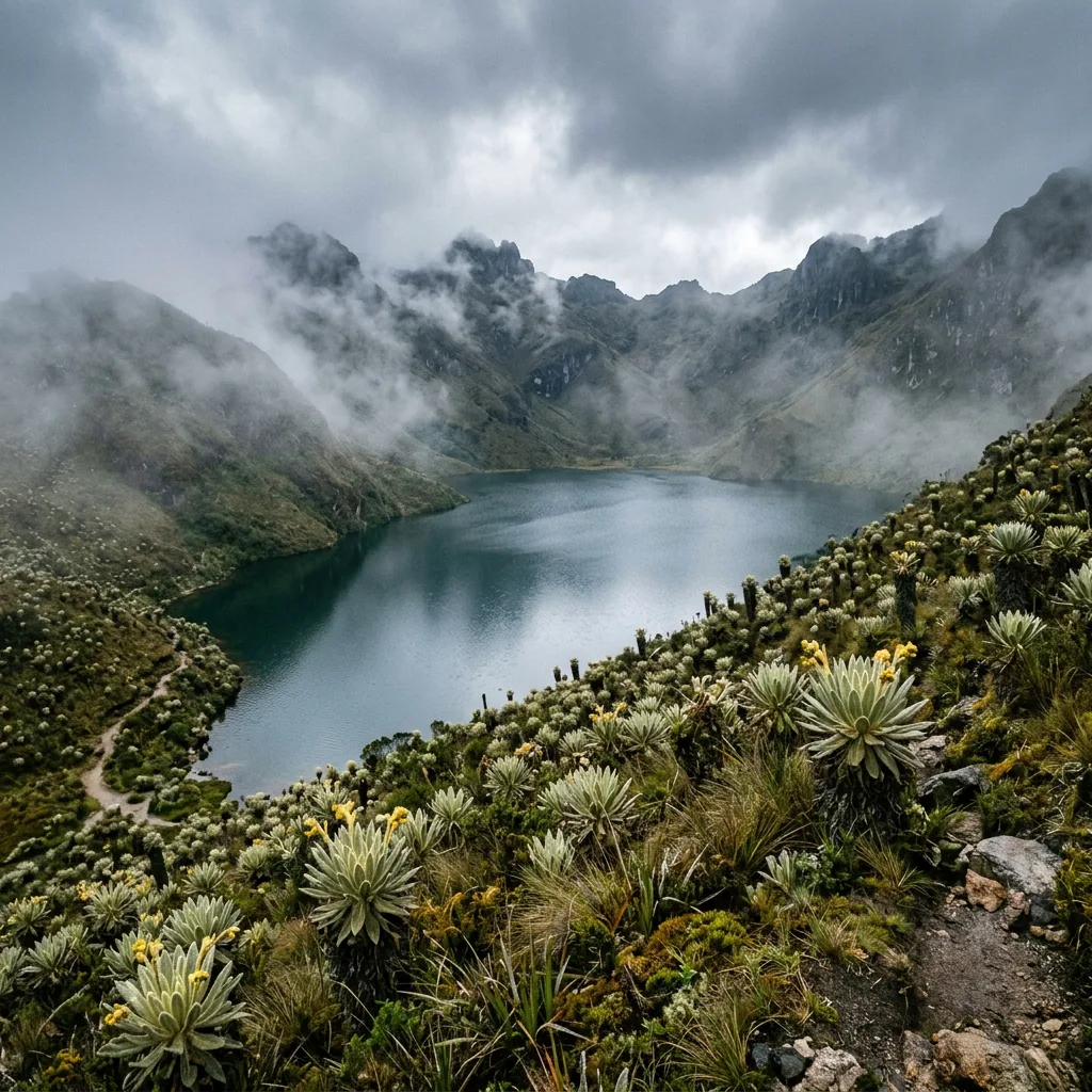 A misty, pristine high-altitude lake surrounded by paramo vegetation in the Iguaque Sanctuary.