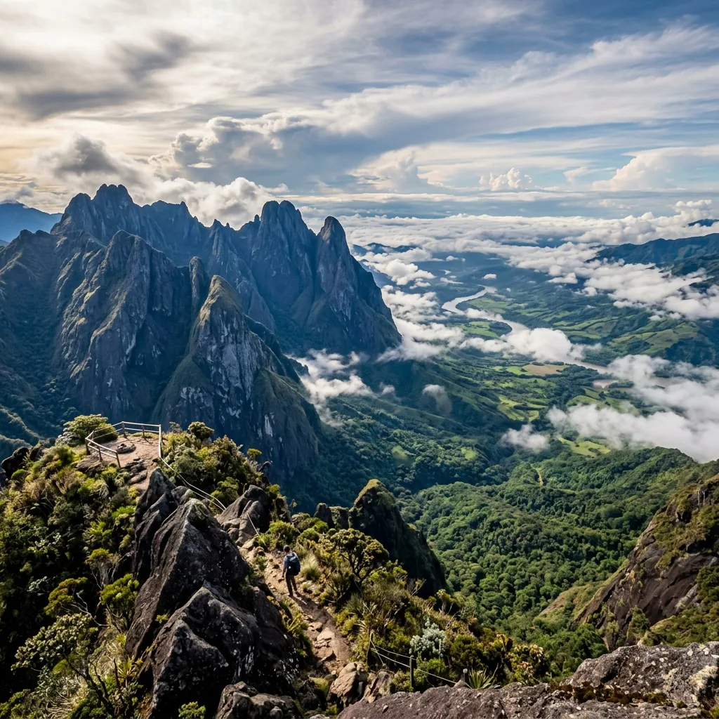 Rocky Farallones de Cali peaks rising above green Andean forest and low clouds