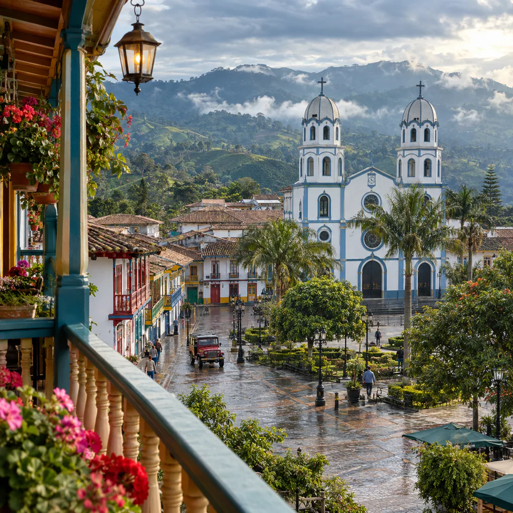 Colorful wooden balconies and the church of Filandia overlooking green coffee-country hills in Quindío.