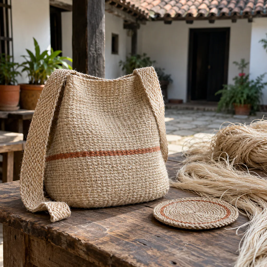 Handwoven fique shoulder bag and loose plant fibers on a wooden workbench, in a photorealistic scene inspired by La Jagua, Huila.