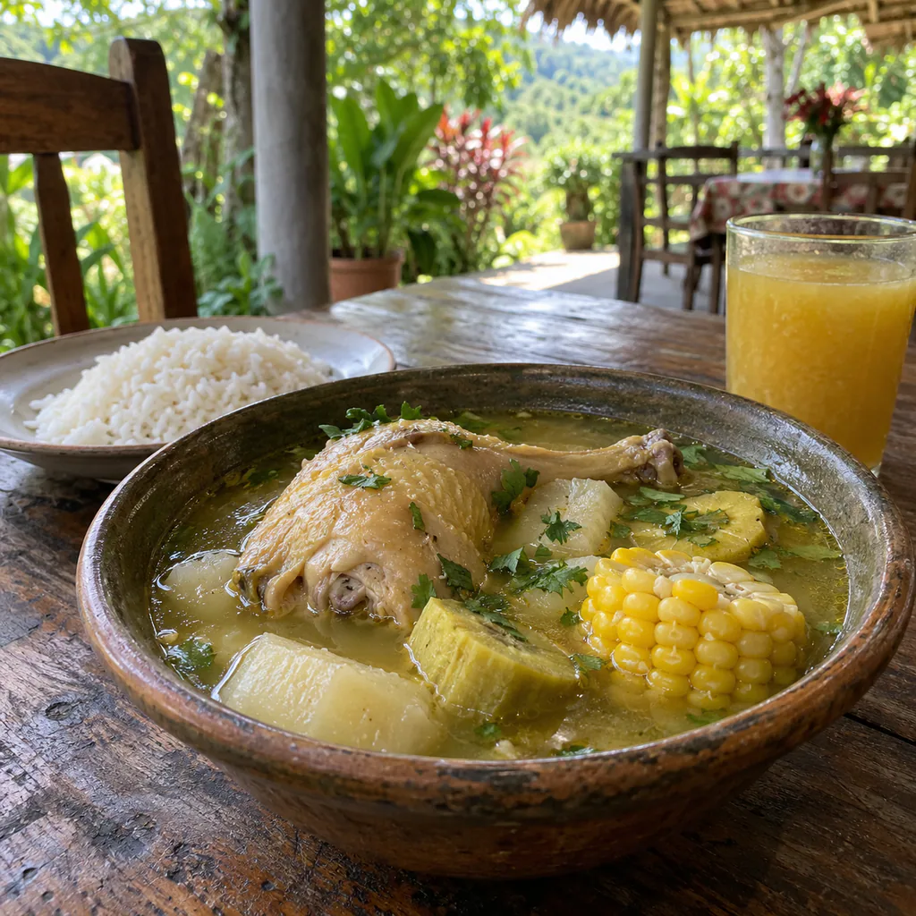 A bowl of sancocho de gallina with cassava, plantain, and corn on a wooden restaurant table inspired by Ginebra, Valle del Cauca.