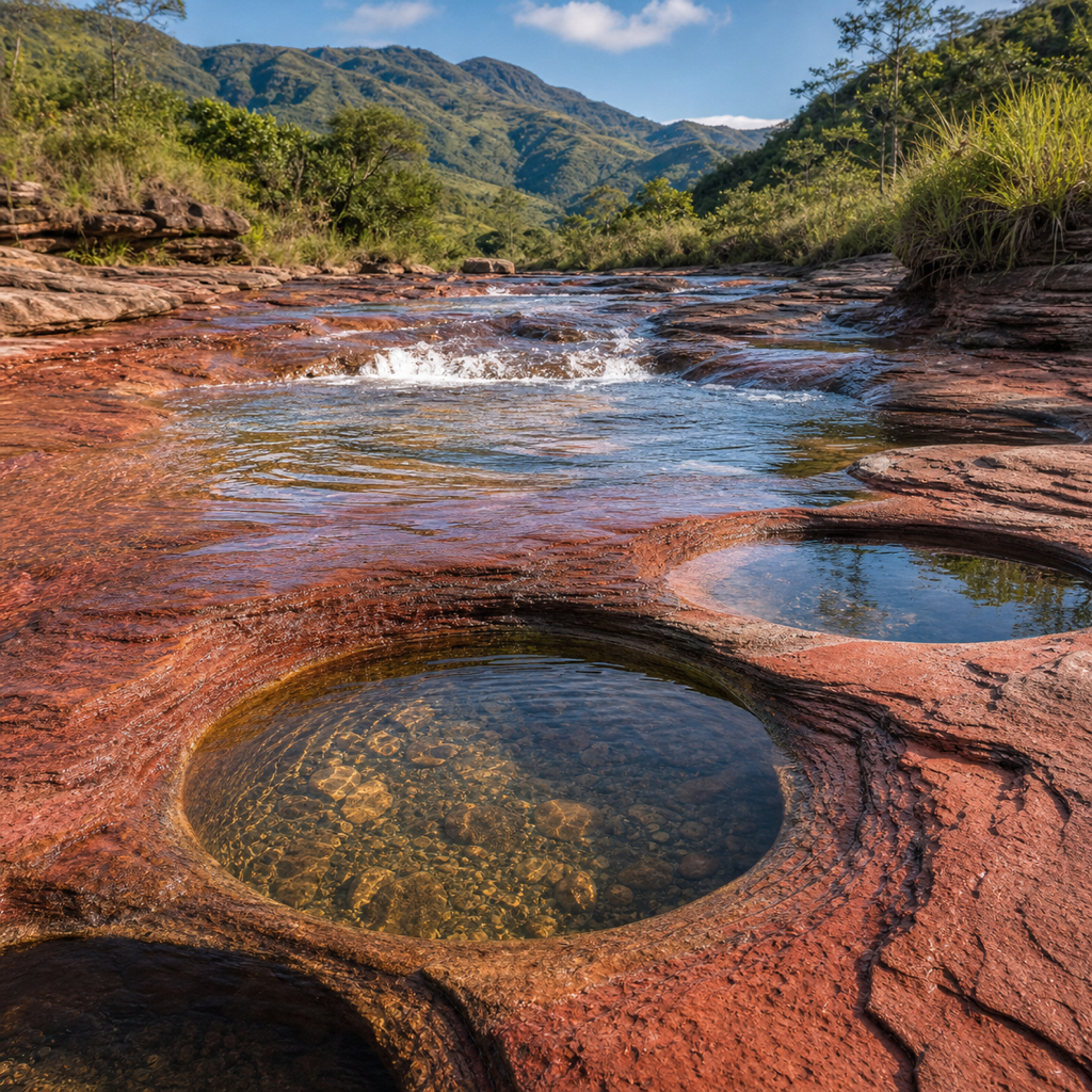 Clear water flowing across a red sandstone riverbed with circular natural pools at Las Gachas near Guadalupe, Santander.