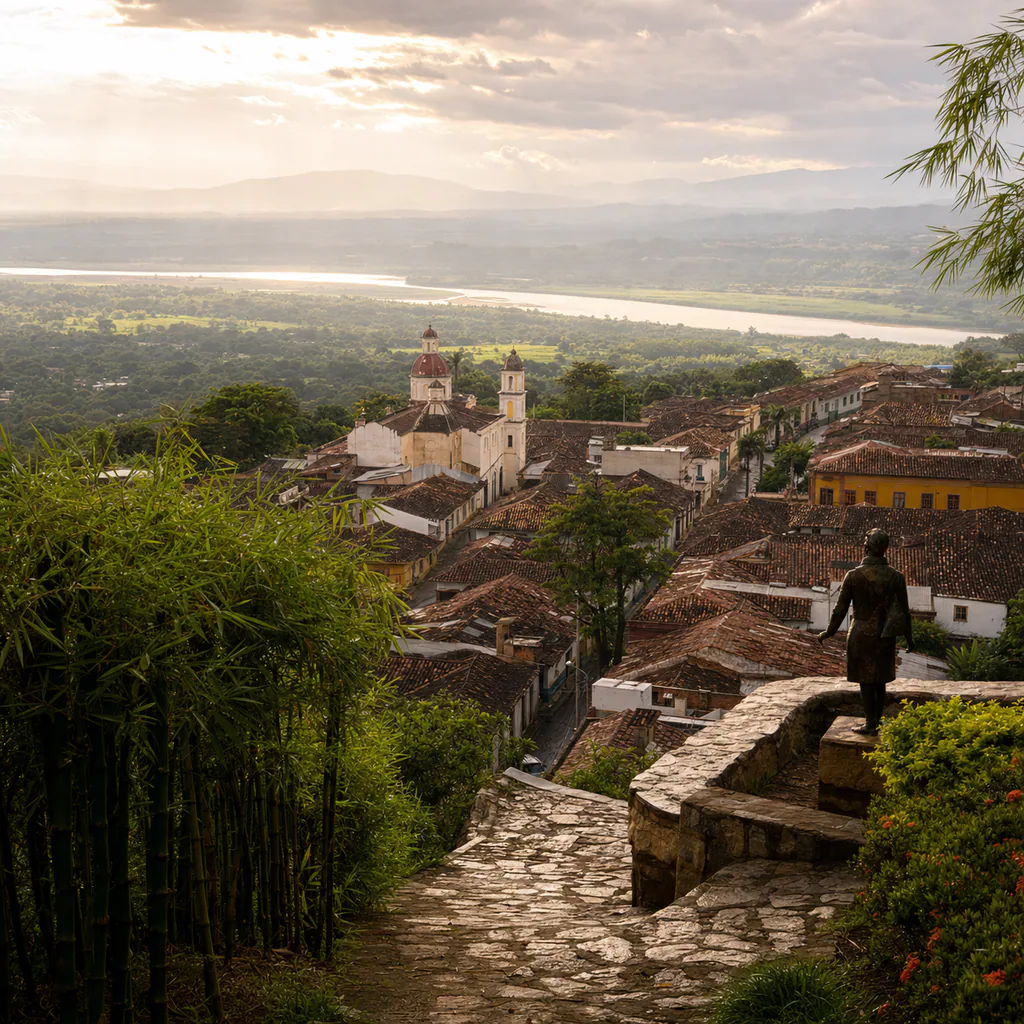A high viewpoint over Guaduas, Cundinamarca, with clay tile roofs, guadua bamboo, colonial streets, and the Magdalena valley in golden light.