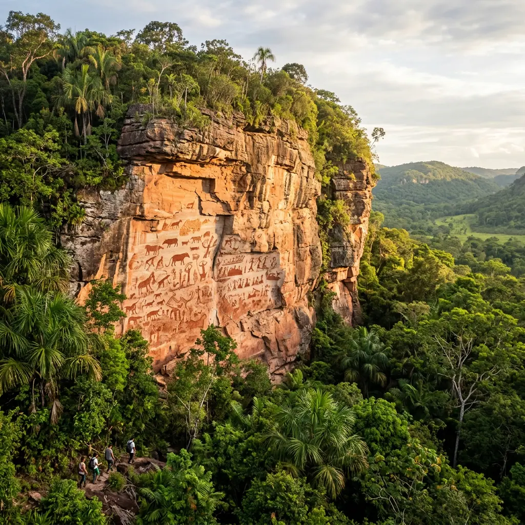 Massive, vibrant red pictographs depicting humans, animals, and geometric shapes on a towering sandstone wall in the Serranía de la Lindosa, Guaviare.