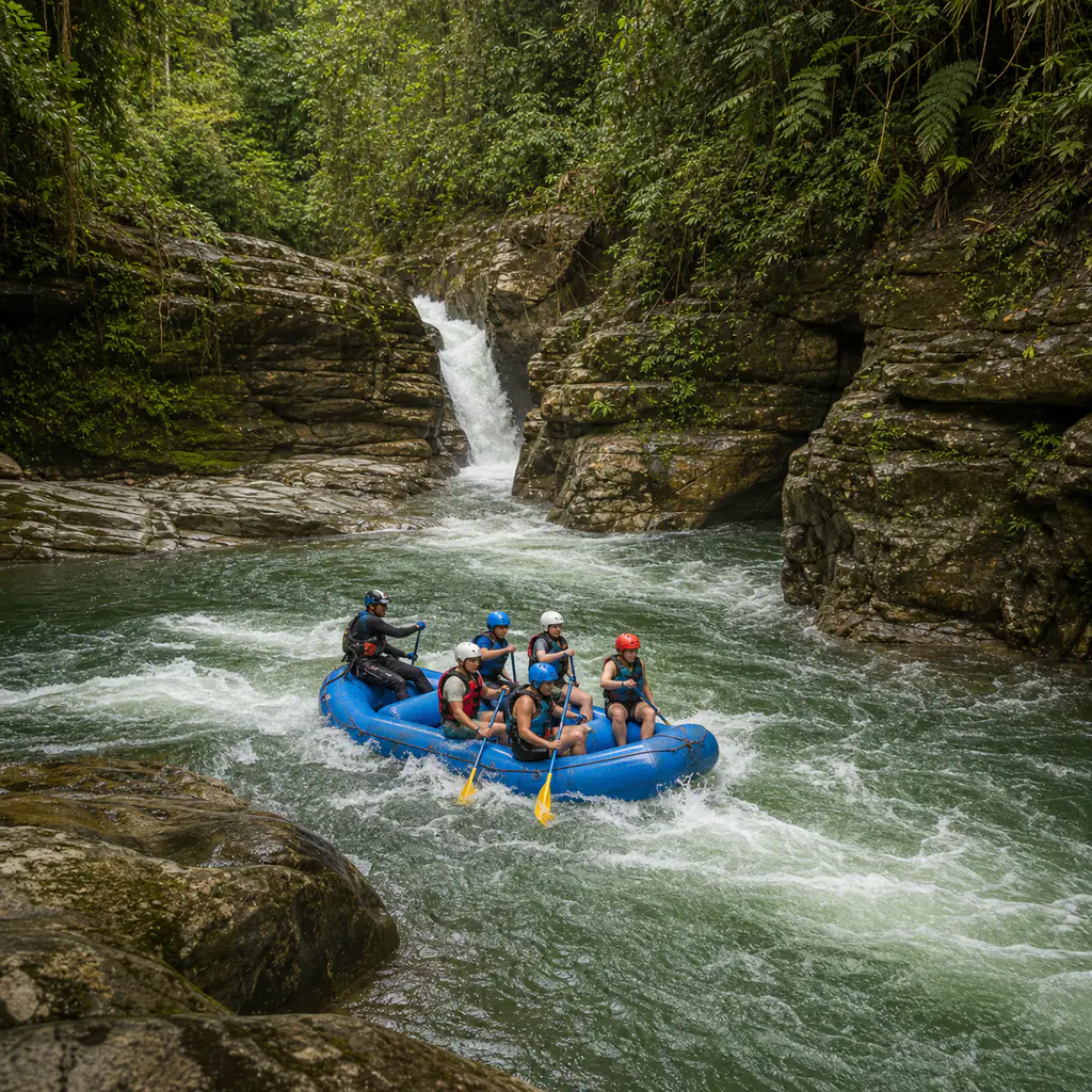 A professionally guided raft with helmeted travelers paddling through green water between forested rock walls in the Güejar River Canyon, Meta.
