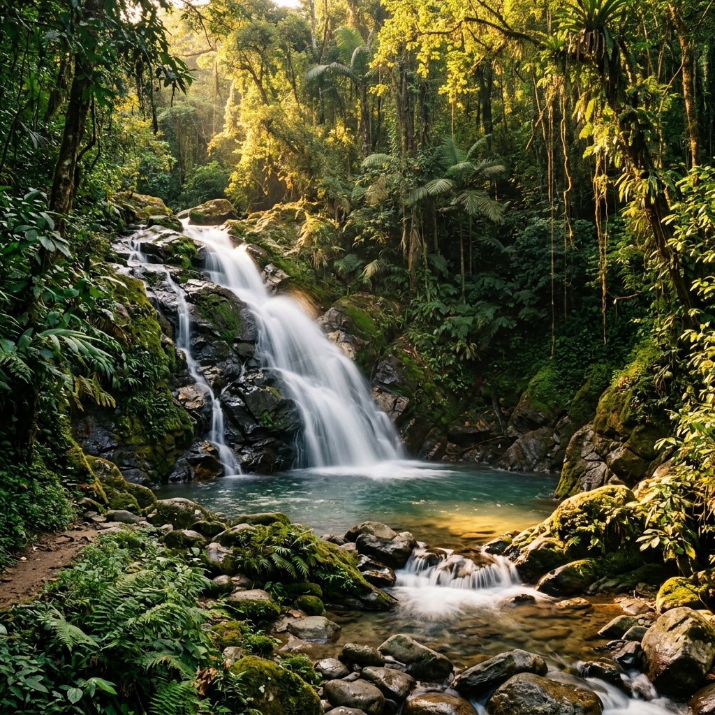 Long exposure photography of a pristine waterfall tucked into the dense, green jungle of Minca.