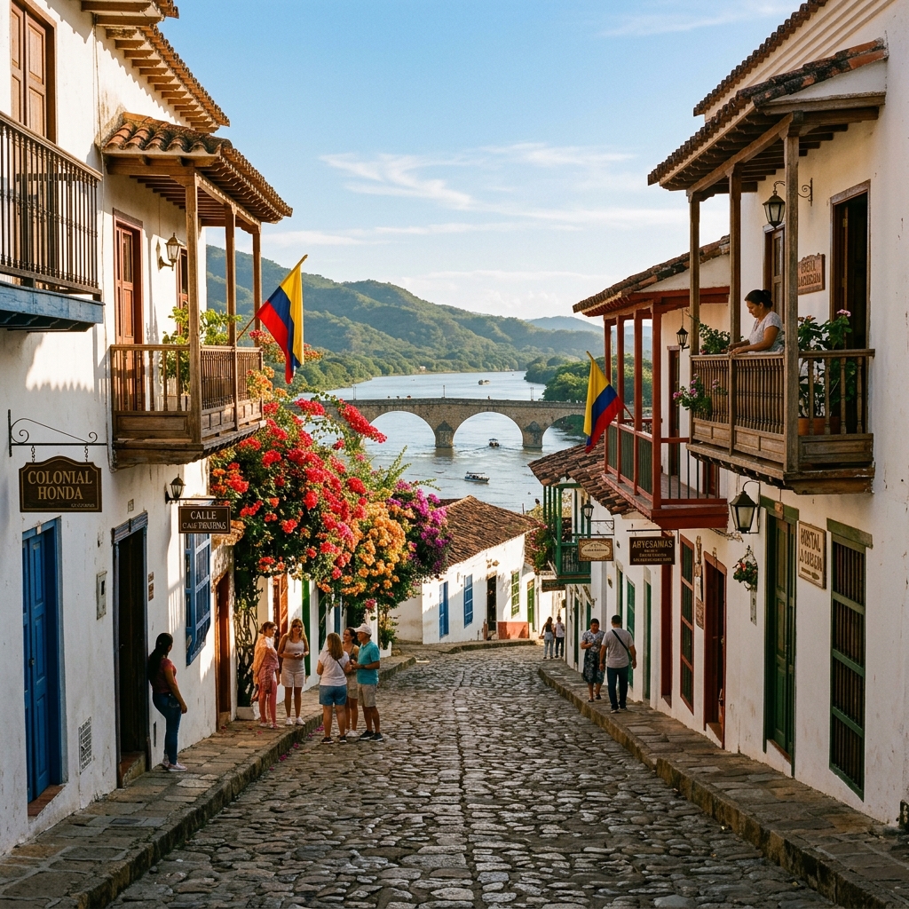 A beautiful cobblestone street in Honda, Colombia, lined with colorful colonial houses and vibrant bougainvillea flowers.