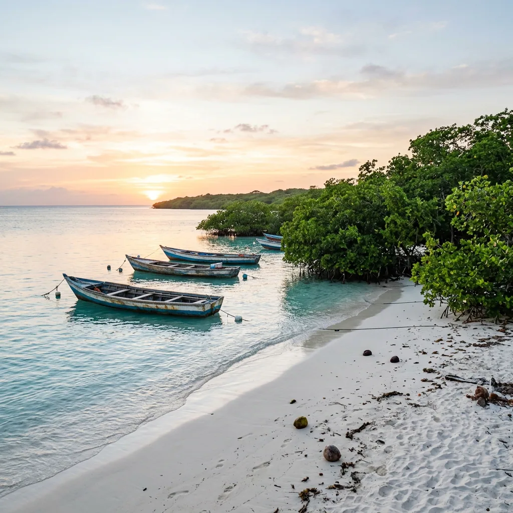 A view of a quiet, palm-fringed beach on Isla Fuerte, with the massive roots of a ancient banyan tree in the foreground and the calm Caribbean sea stretching to the horizon.