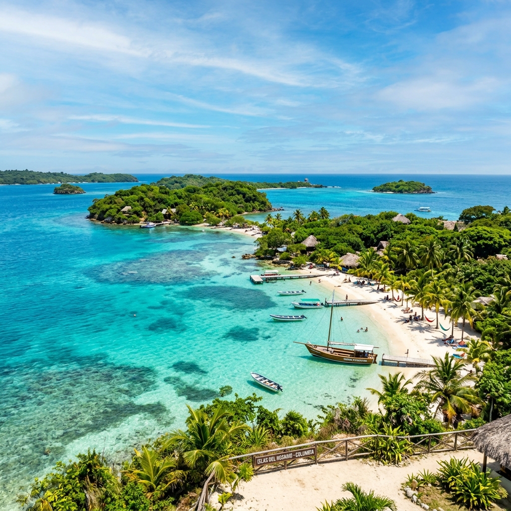 Turquoise water surrounding the lush green islands of the Rosario archipelago under a bright Caribbean sky.