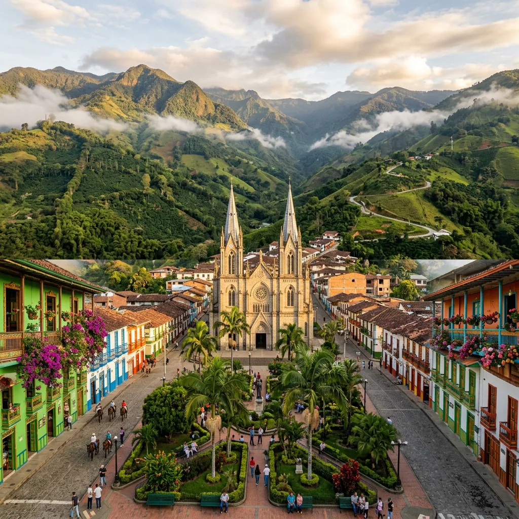 A view of the main square in Jardín, Antioquia, with the impressive Neo-Gothic Basilica of the Immaculate Conception, colorful chairs outside local cafes, and the lush green mountains in the distance.