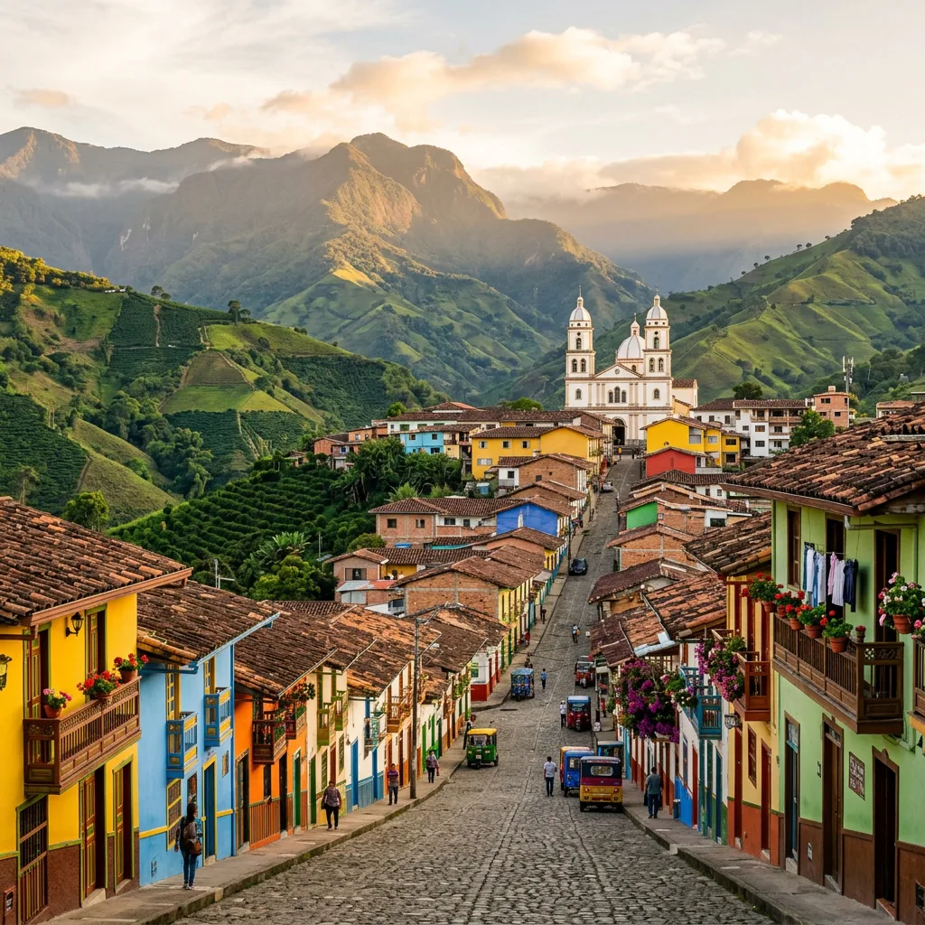 A view of the colorful colonial streets of Jericó, Antioquia, with the massive mountains of the Southwest rising behind the rooftops and a local artisan working on a traditional carriel bag in the foreground.