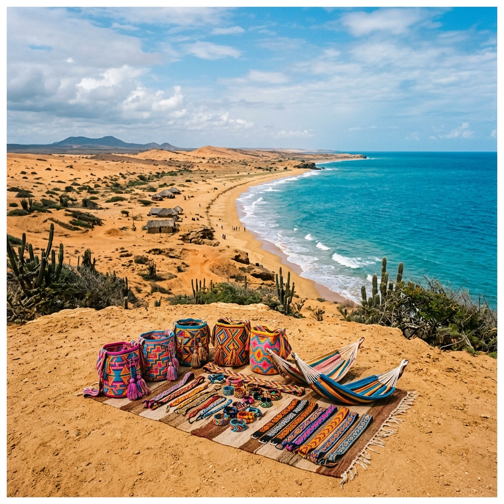 The vast, arid desert landscape of La Guajira meeting the Caribbean sea with traditional Wayúu handicrafts visible in the foreground.