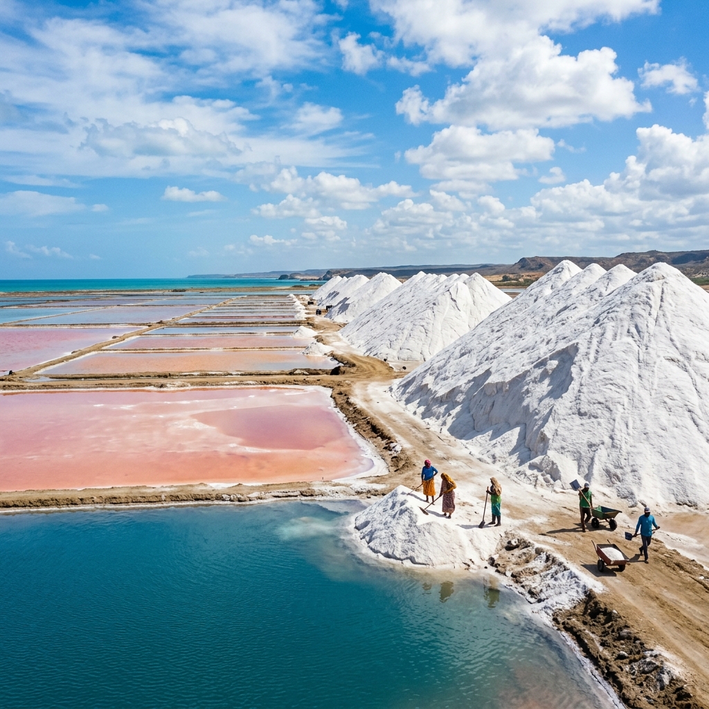 The vast white salt mounds of Manaure contrasting with the bright blue sky of La Guajira.