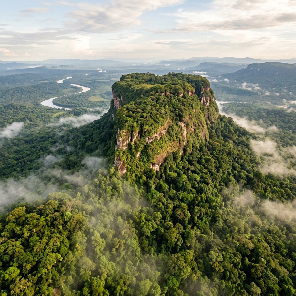 A lush, green tepui landscape rising above the dense canopy of the Serranía de la Macarena in Colombia.