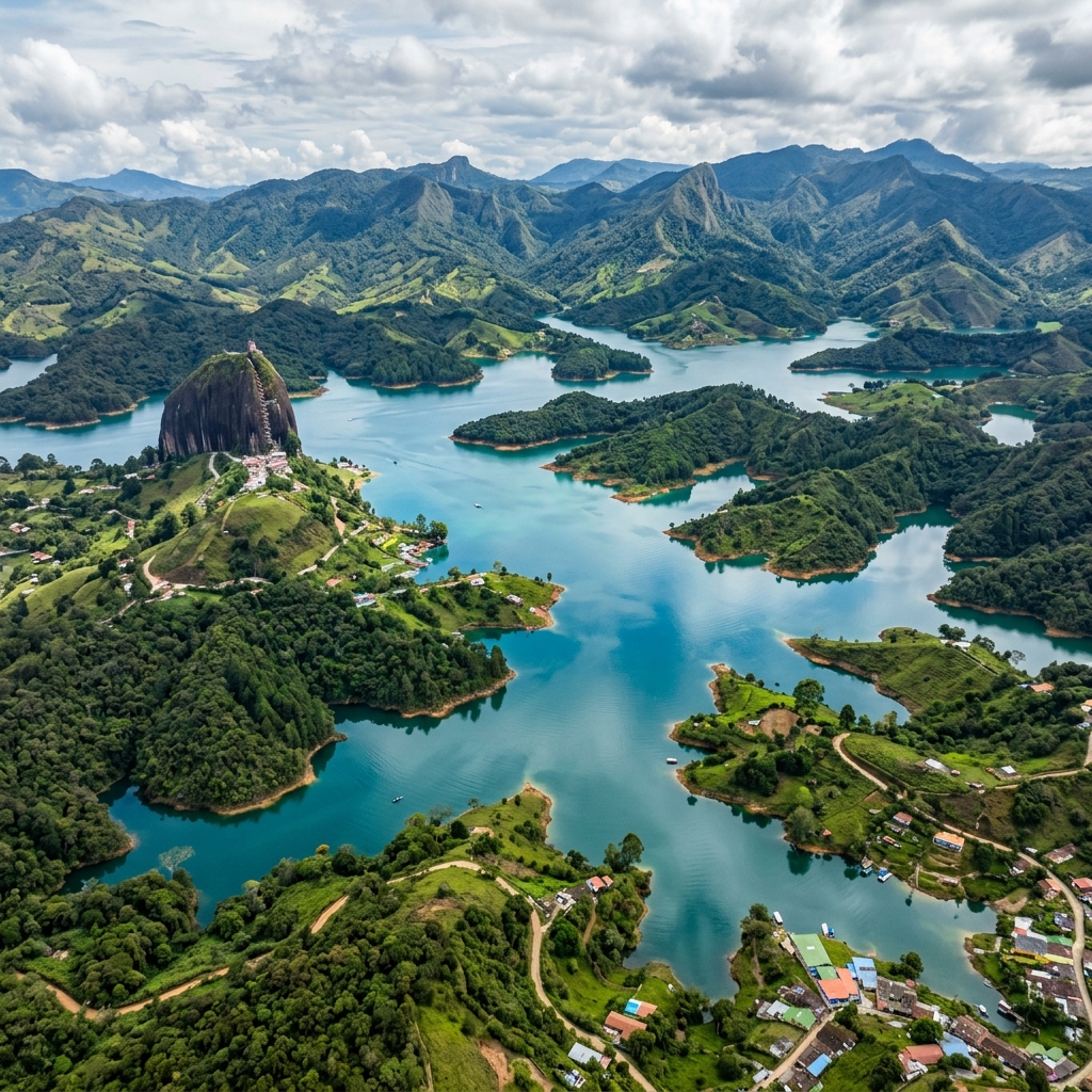 Aerial view of a shimmering blue reservoir nested deep within the lush green mountains of Antioquia.