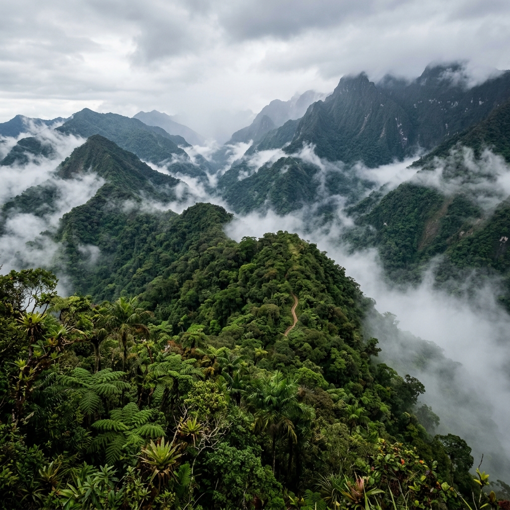 A misty, lush green mountain landscape within the Serranía de los Yariguíes National Natural Park.