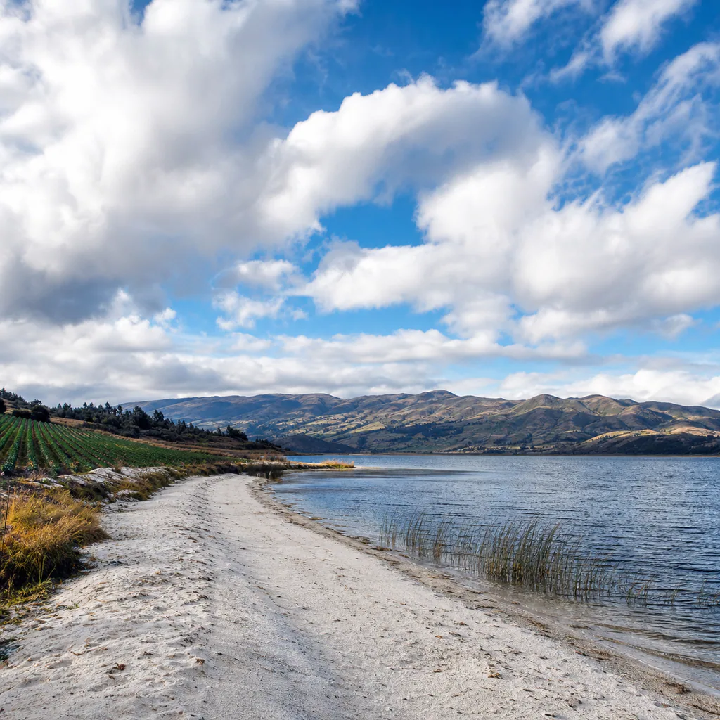 A cold blue high-Andean lake with white sand, reeds, onion fields, and misty Boyacá mountains around Lago de Tota.