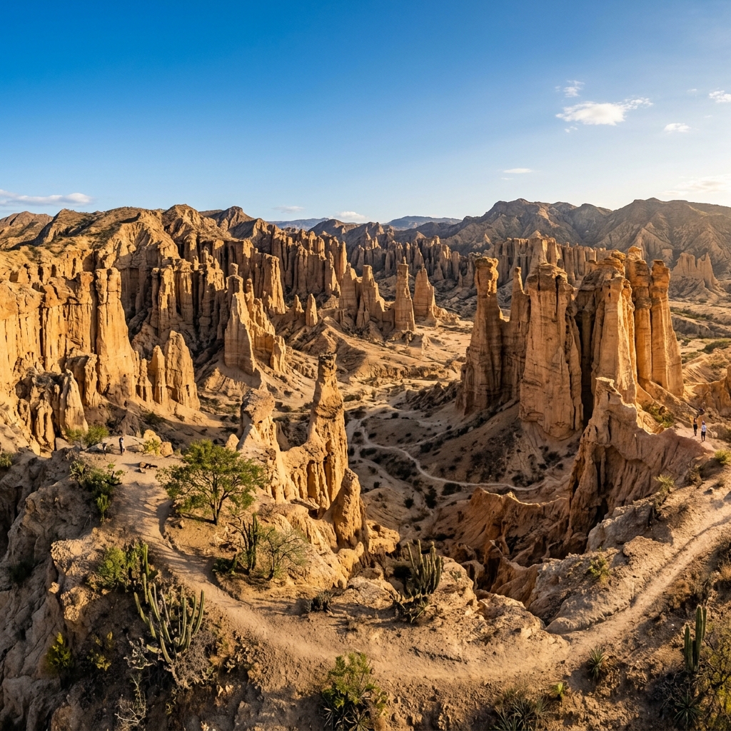 Eroded sandstone columns and canyon walls stretching into the dry landscape of La Playa de Belén.