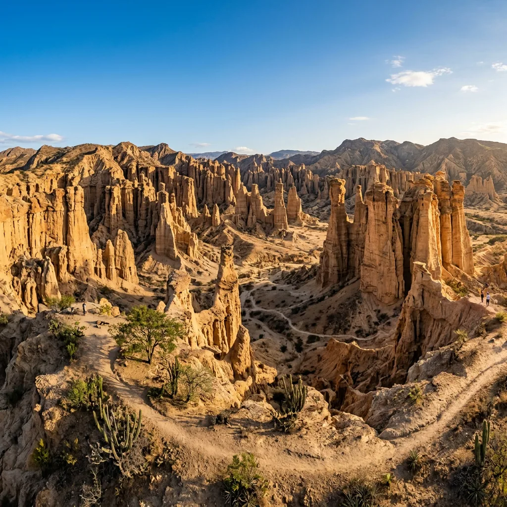Eroded sandstone columns and canyon walls stretching into the dry landscape of La Playa de Belén.