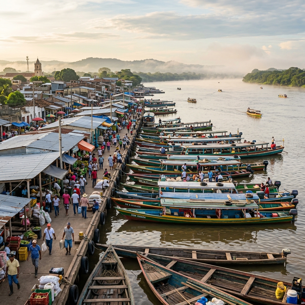 A busy morning scene at the Magangué river port on the Magdalena River with local transport boats (chalupas) docked against the backdrop of a bustling pier.