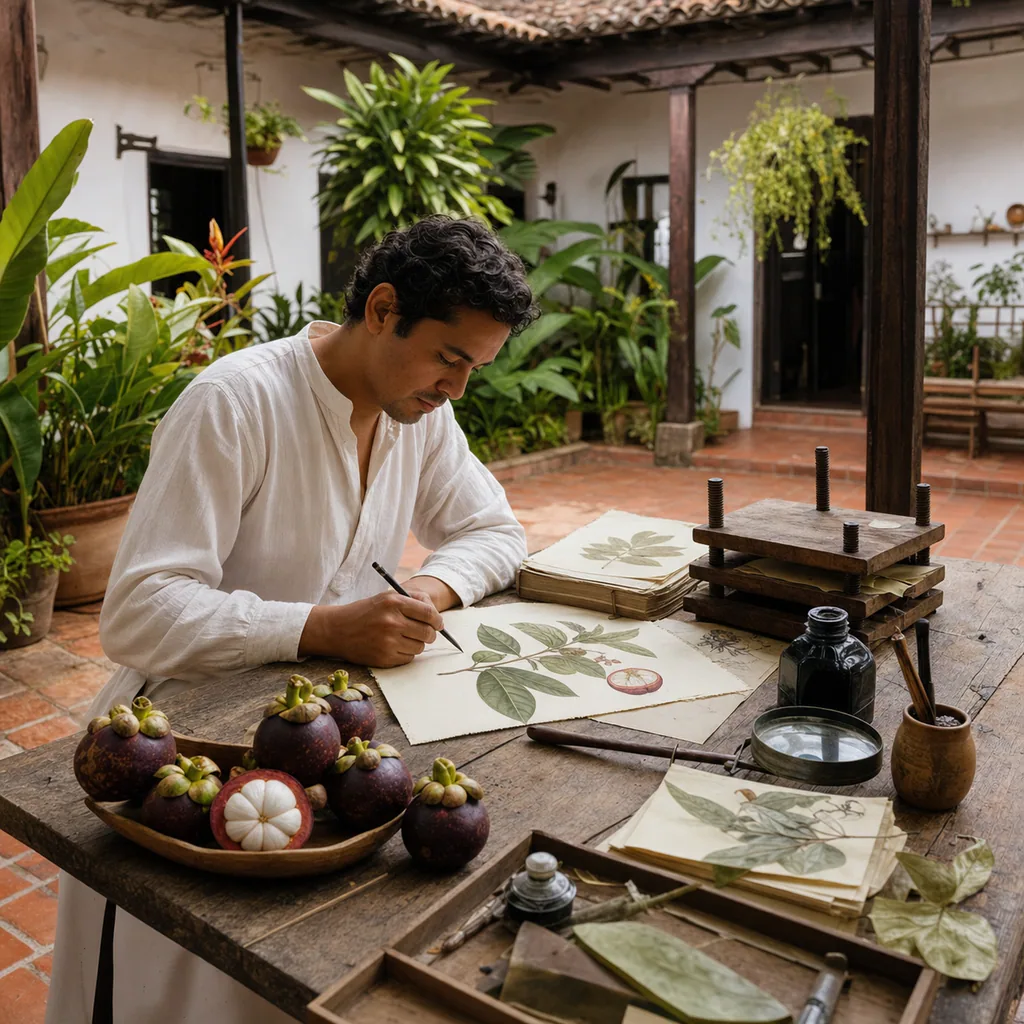 A botanical artist studying tropical leaves and mangosteen fruit in a colonial courtyard inspired by Mariquita's Royal Botanical Expedition.