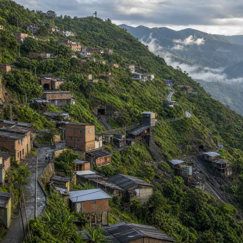 A realistic elevated view of Marmato, Caldas, with brick homes, mining structures, and winding paths spread across a steep green Andean mountainside after rain.