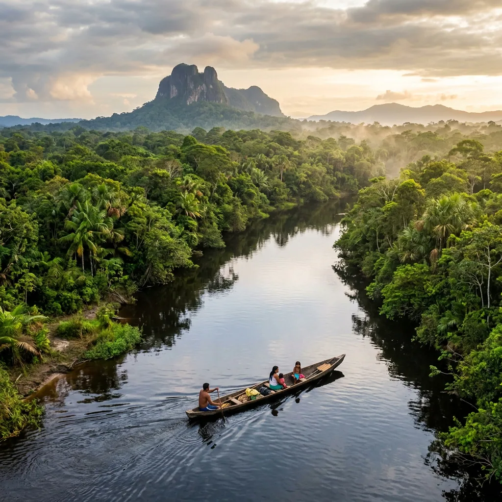 The dark, tannin-rich waters of the Vaupés River reflecting the dense, towering canopy of the Amazon rainforest at dawn near Mitú.