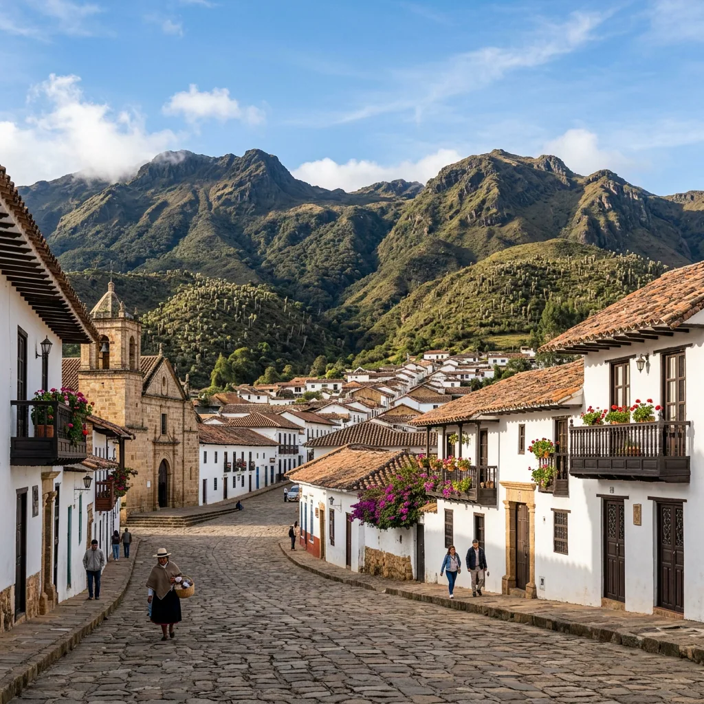 A view of the colonial streets of Monguí, Boyacá, with its white walls and green balconies, the historic Calicanto Bridge in the foreground, and the misty mountains of the Ocetá Paramo rising in the background.