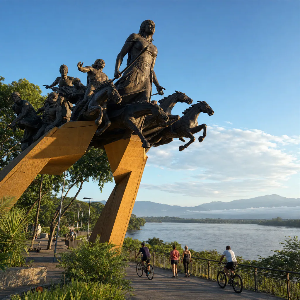 The bronze Monument to Cacica Gaitana rises above cyclists and walkers beside the Magdalena River in Neiva at sunrise.