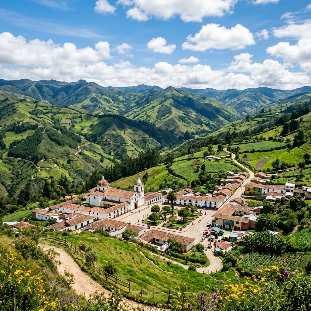 Scenic view of Pachavita, Boyacá, showing its green Andean mountains and the colonial town square in the valley.